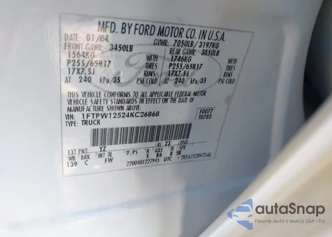 2004 Ford F-150 Lariat/Xlt from USA, damaged, VIN 1FTPW12524KC26868